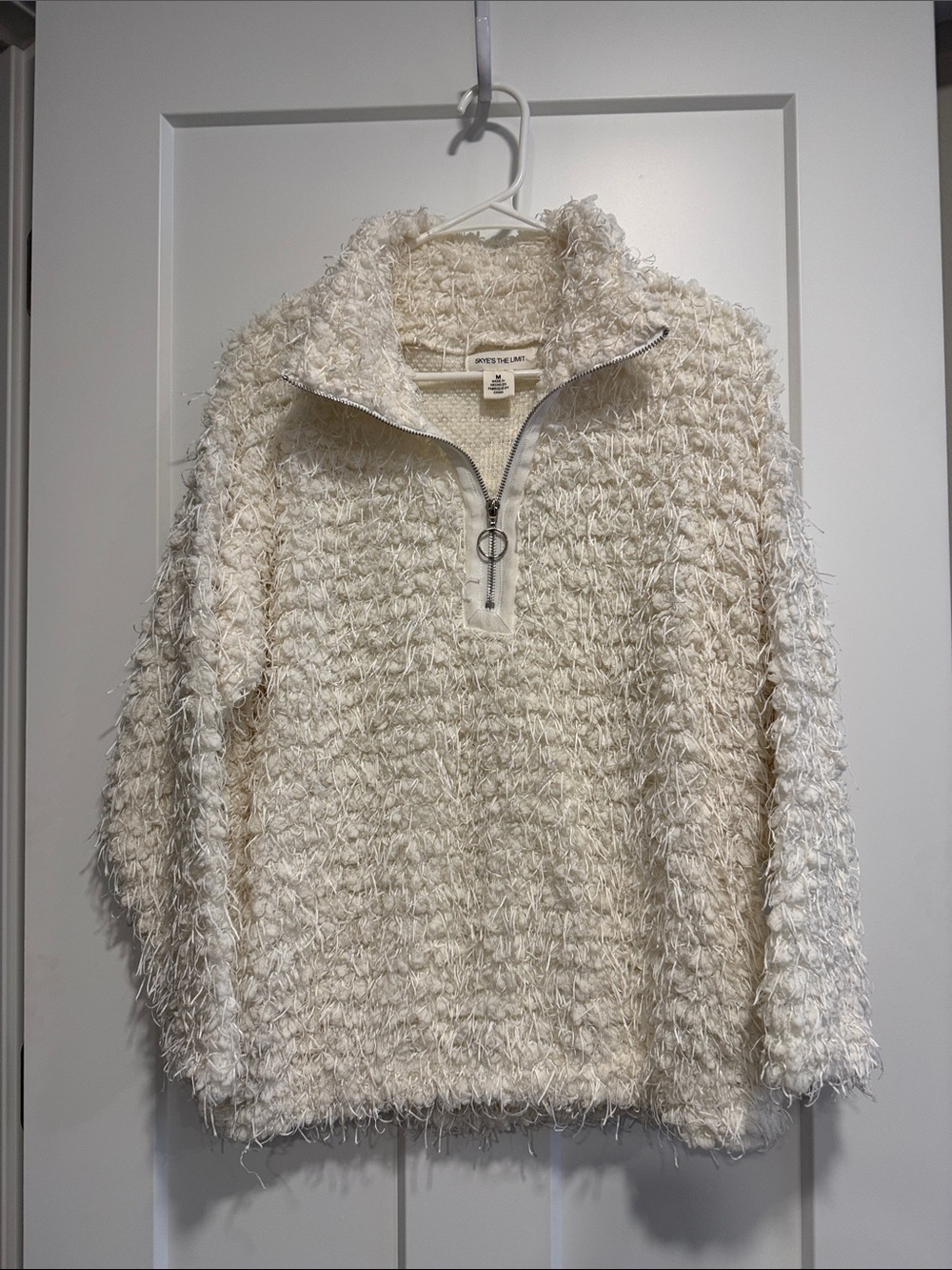 Skye's the Limit Cream Fuzzy Half-Zip Turtleneck Sweater Fringe Medium